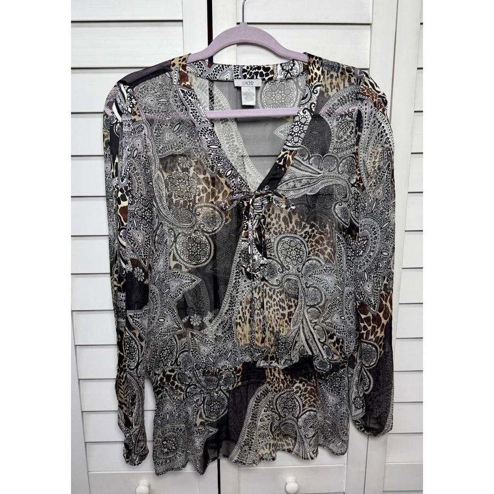Cache Vintage Y2K Leopard Print 100% Silk Long Sleeve Peplum Top Women's Size S